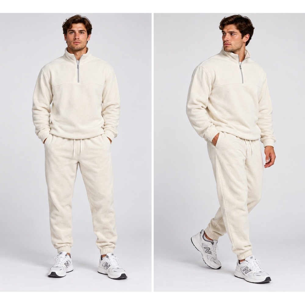 Foot Locker Mens Fleece Tracksuit Set Quarter Zip Pullover Joggers Cream White L